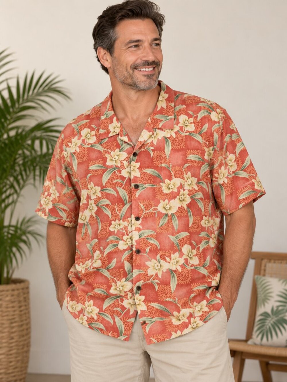 Tommy Bahama 100% Silk Floral Hawaiian Shirt XXL Coral Tropical